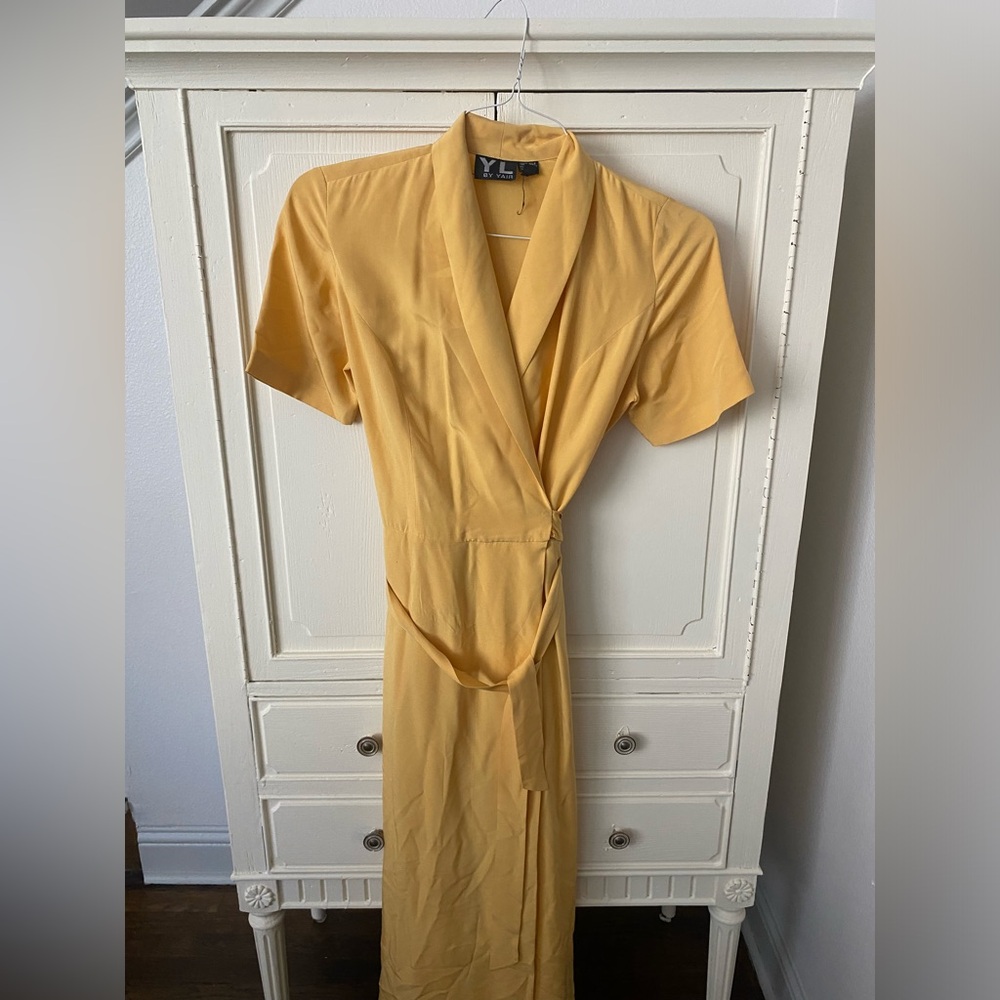 YL by Yair mustard yellow wrap midi dress